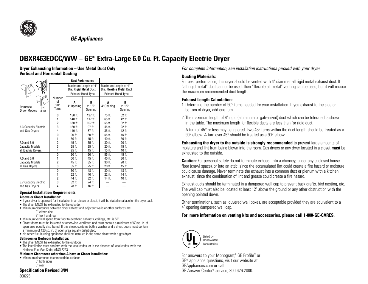 Dbxr463edcc/ww – ge, Extra-large 6.0 cu. ft. capacity electric dryer, Ge appliances | GE DBXR463EDCC/WW User Manual | Page 2 / 3