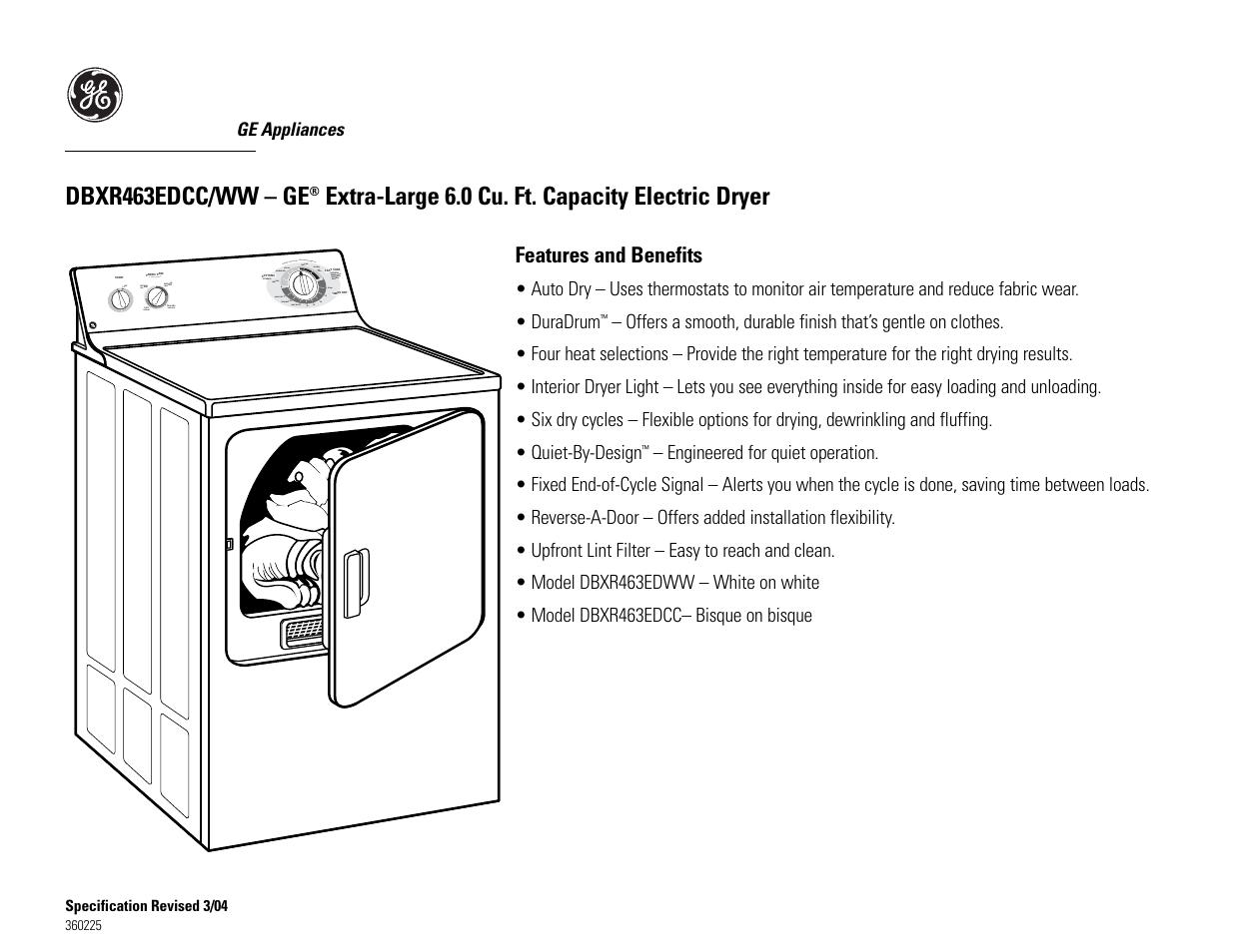 Dbxr463edcc/ww – ge, Extra-large 6.0 cu. ft. capacity electric dryer | GE DBXR463EDCC/WW User Manual | Page 3 / 3