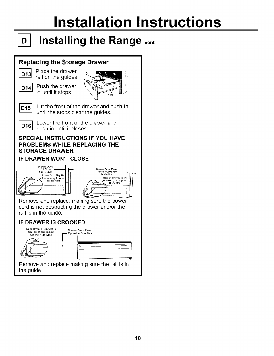 Installing the range, Replacing the storage drawer, If drawer wont close | If drawer is crooked, Installation instructions | GE EER2000 User Manual | Page 10 / 12