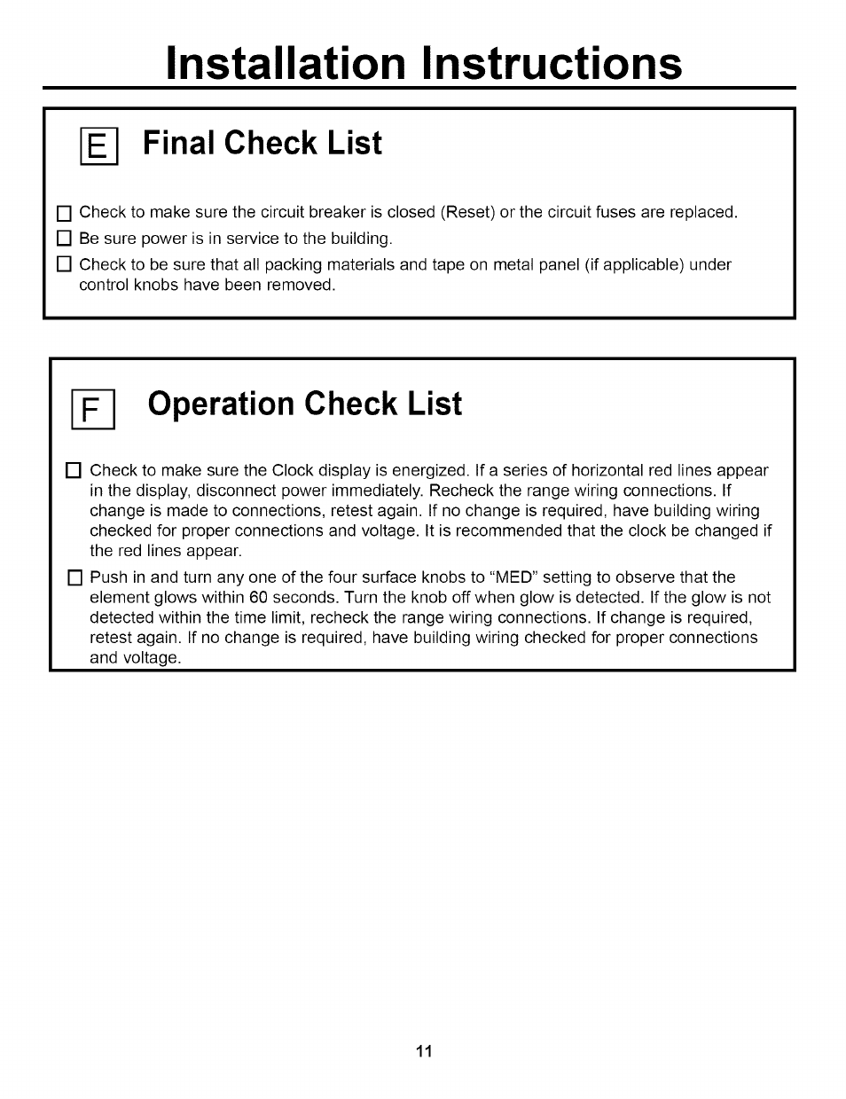 E final check list, Operation check list, Installation instructions | GE EER2000 User Manual | Page 11 / 12