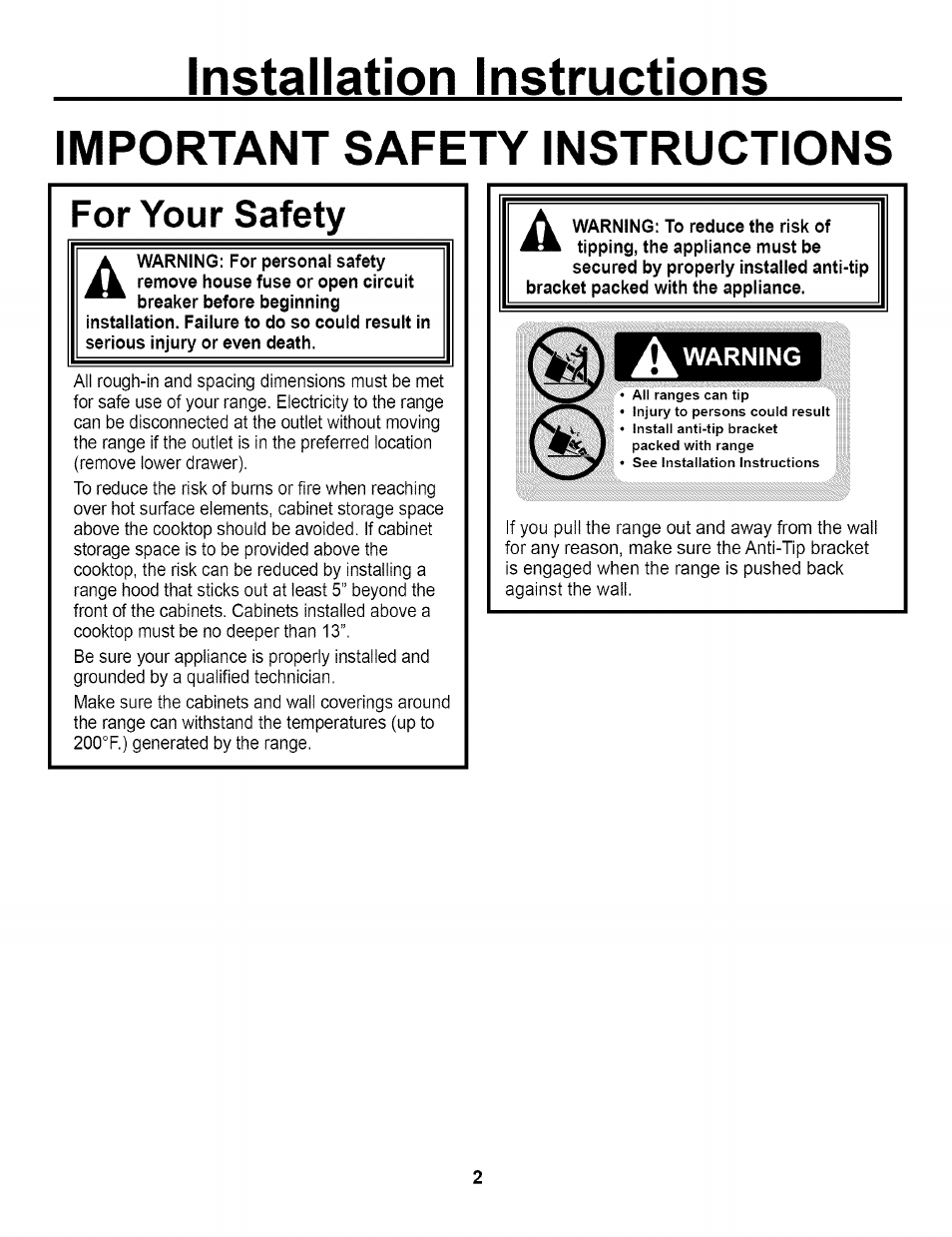 Important safety instructions, For your safety, Installation instructions | GE EER2000 User Manual | Page 2 / 12