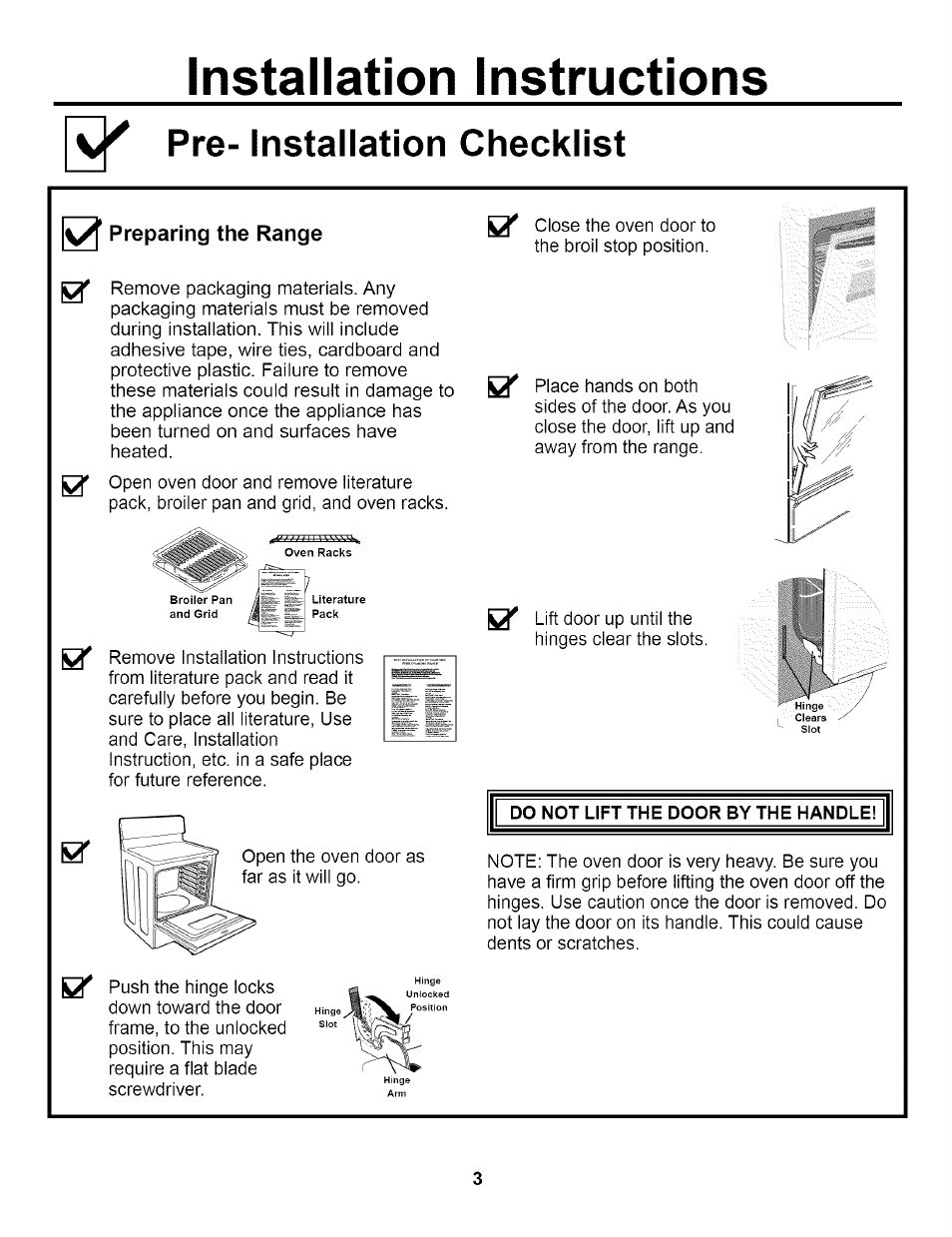 Pre- installation checklist, 0 preparing the range, Do not lift the door by the handle | Installation instructions | GE EER2000 User Manual | Page 3 / 12