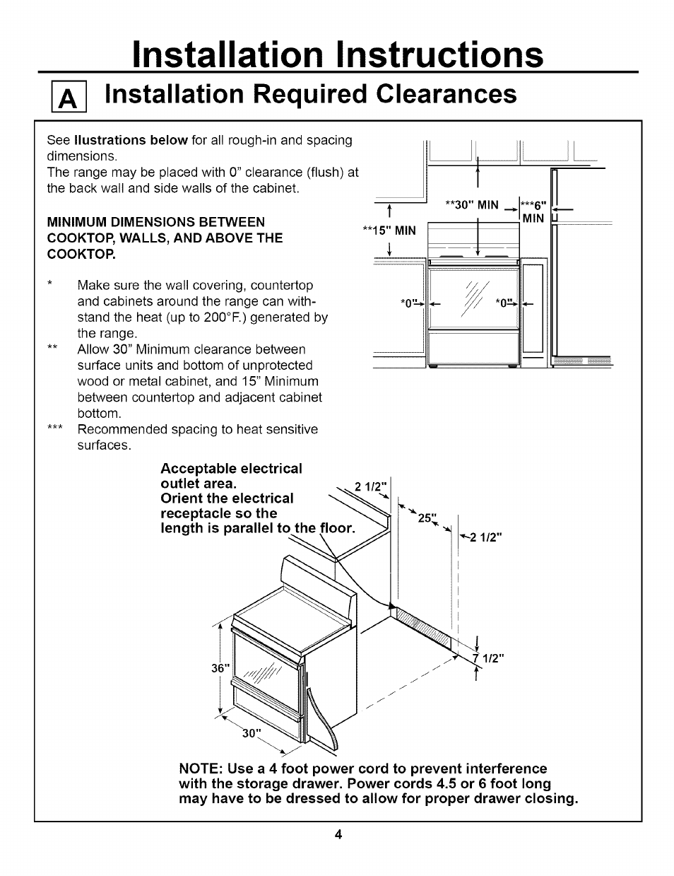 A installation required clearances, Acceptable electrical outlet area, Installation instructions | GE EER2000 User Manual | Page 4 / 12