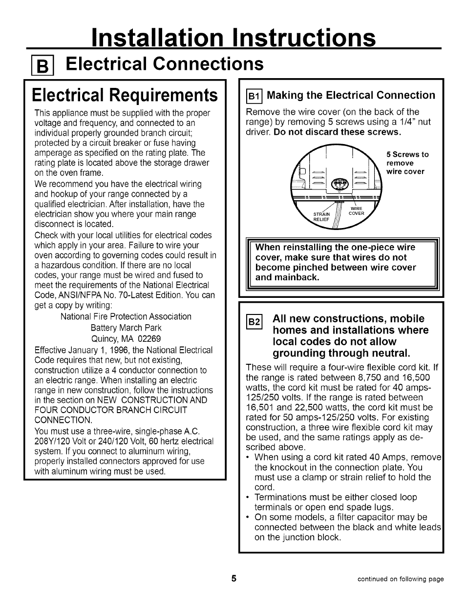 Electrical connections, Electrical requirements, Installation instructions | Belectrical connections | GE EER2000 User Manual | Page 5 / 12