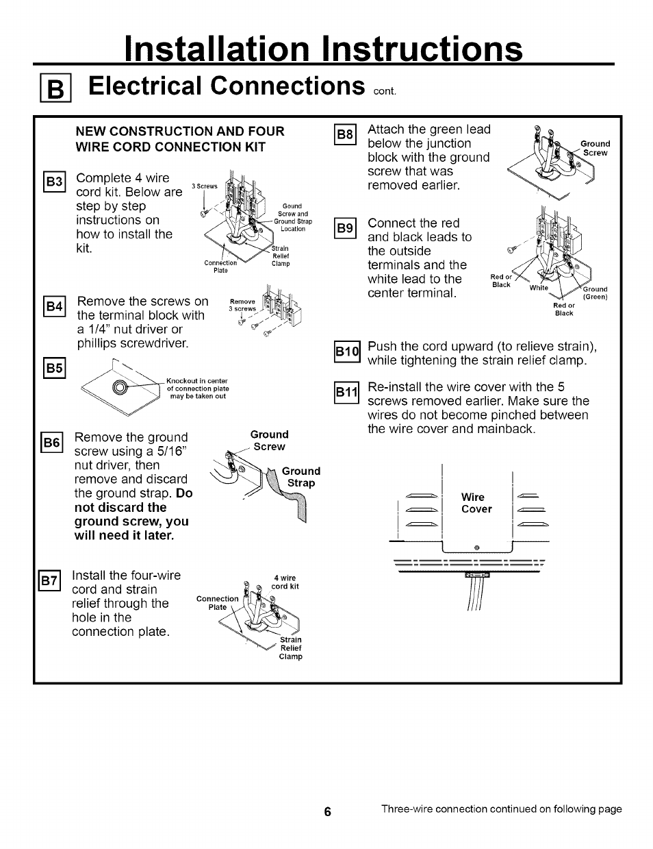 B electrical connections, New construction and four wire cord connection kit, Installation instructions | GE EER2000 User Manual | Page 6 / 12