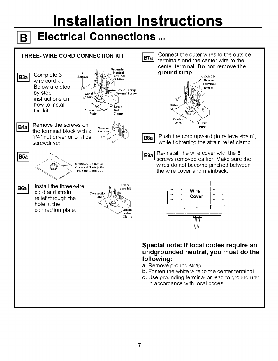 B electrical connections, Three-wire cord connection kit, Installation instructions | GE EER2000 User Manual | Page 7 / 12