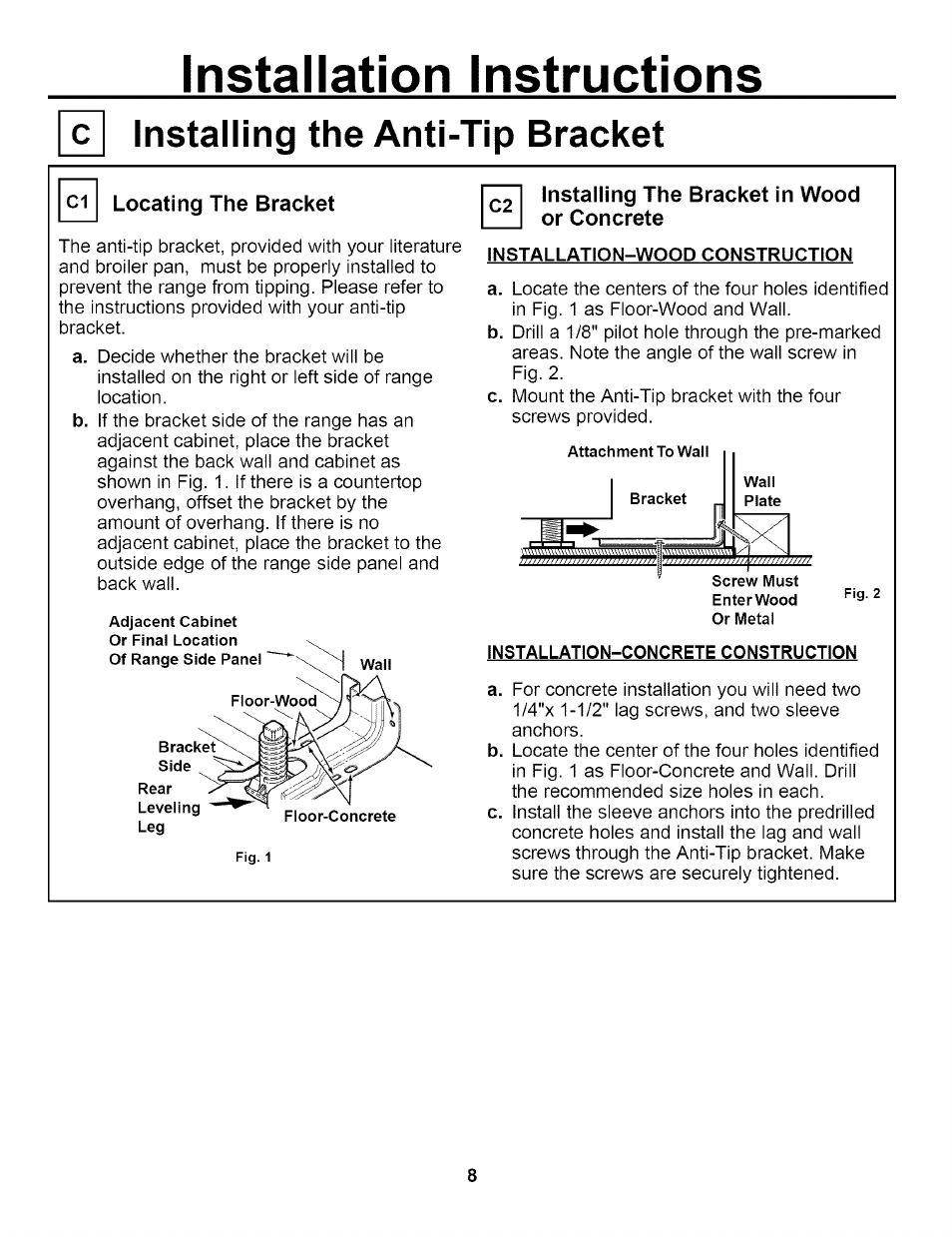 Installing the anti-tip bracket, Locating the bracket, Installing the bracket in wood or concrete | Installation instructions | GE EER2000 User Manual | Page 8 / 12