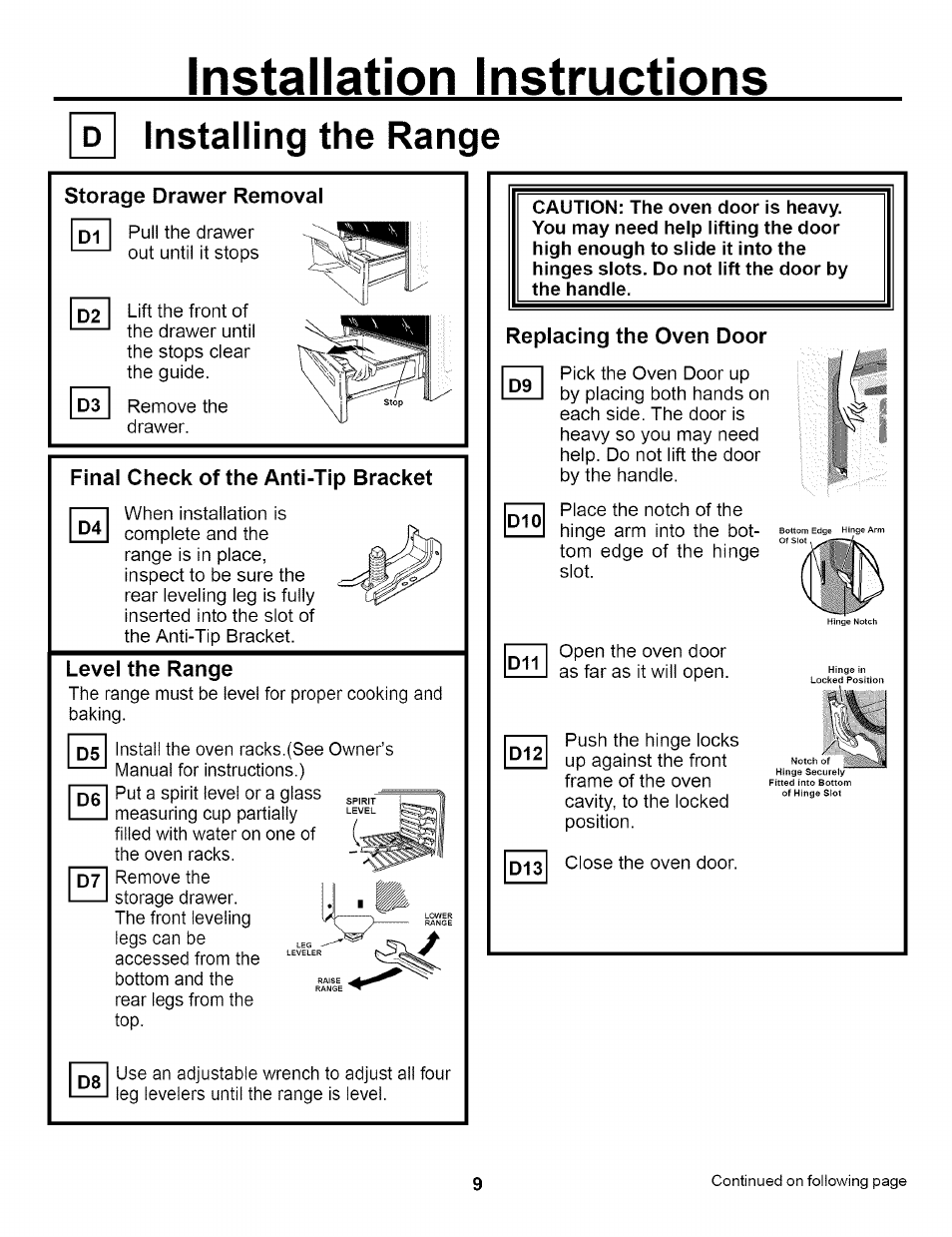 Installing the range, Storage drawer removal, Final check of the anti-tip bracket | Level the range, Replacing the oven door, Installation instructions | GE EER2000 User Manual | Page 9 / 12