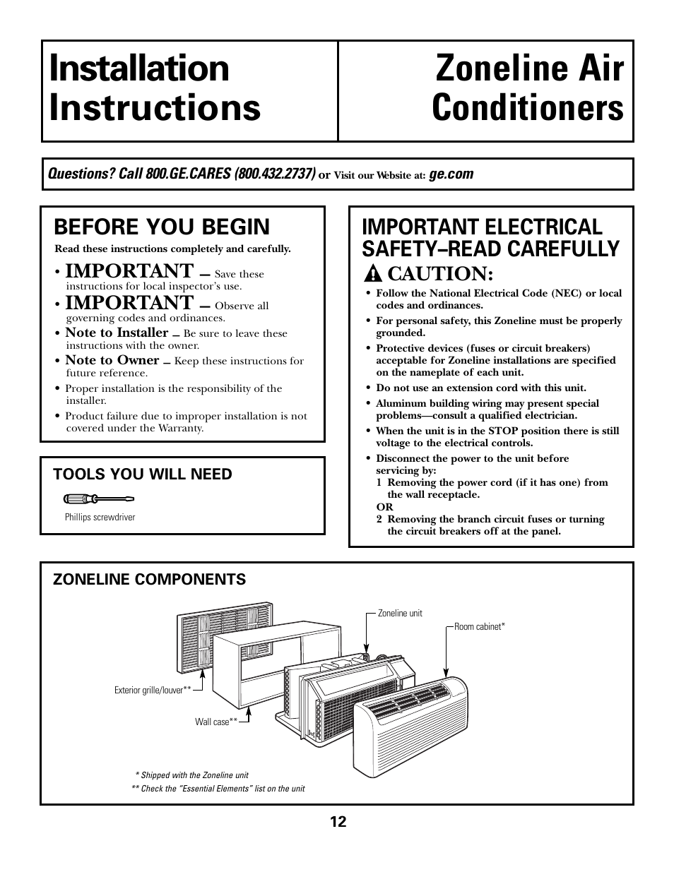 Before you begin, Important electrical safety–read carefully, Important | Caution | GE 5800 User Manual | Page 12 / 24