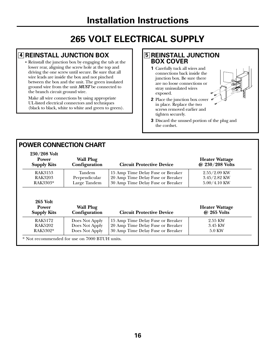 Installation instructions, 265 volt electrical supply, Reinstall junction box | Reinstall junction box cover, Power connection chart | GE 5800 User Manual | Page 16 / 24