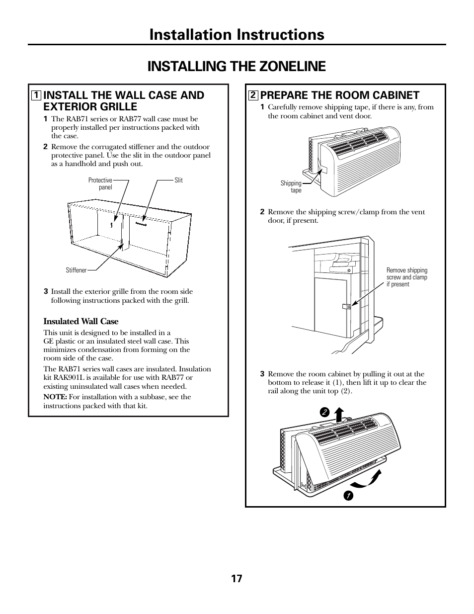 Installation instructions, Installing the zoneline, 17 install the wall case and exterior grille | Prepare the room cabinet | GE 5800 User Manual | Page 17 / 24