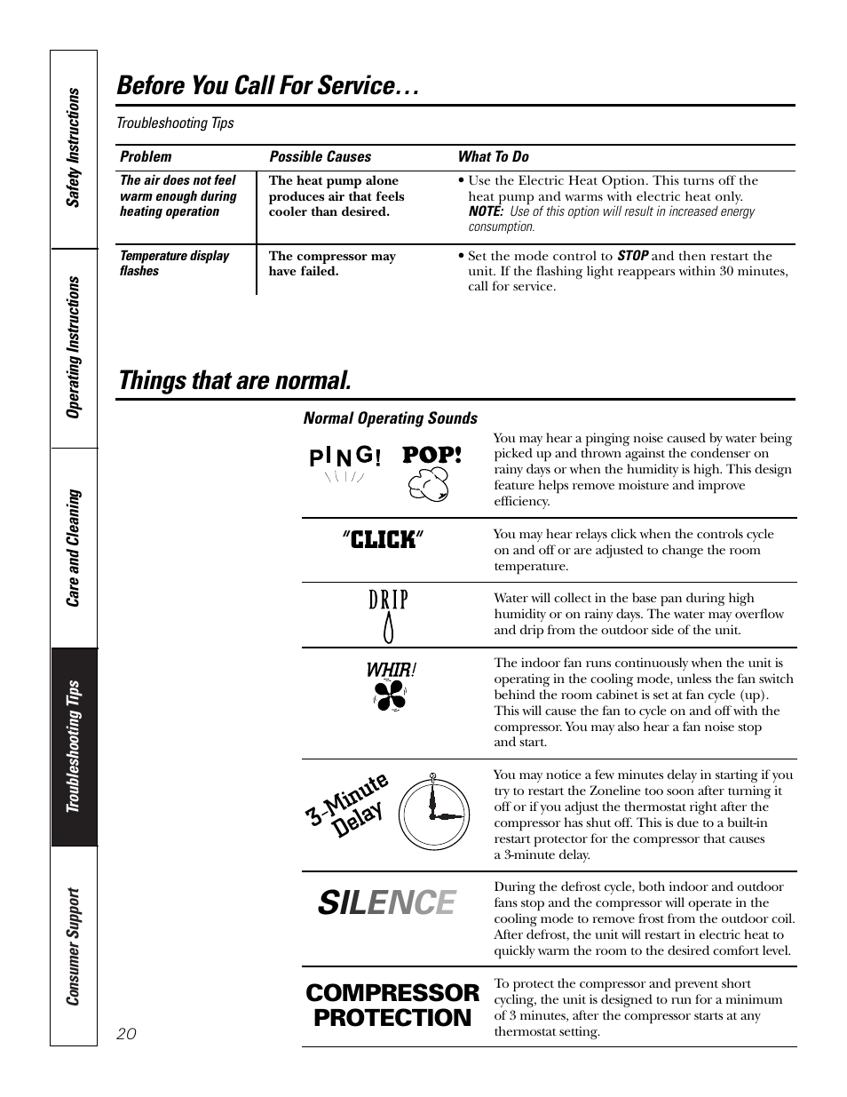 Things that are normal, Before you call for service, Minute dela y “click | Compressor protection | GE 5800 User Manual | Page 20 / 24