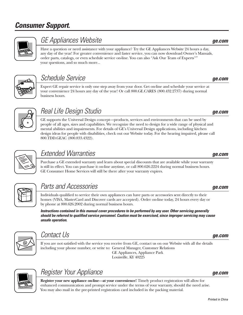 Consumer support. ge appliances website, Schedule service, Real life design studio | Extended warranties, Parts and accessories, Contact us, Register your appliance | GE 5800 User Manual | Page 24 / 24