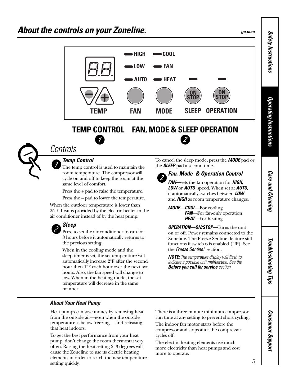 About the controls on your zoneline, Controls, Temp control fan, mode & sleep operation | Mode temp fan operation, Sleep | GE 5800 User Manual | Page 3 / 24