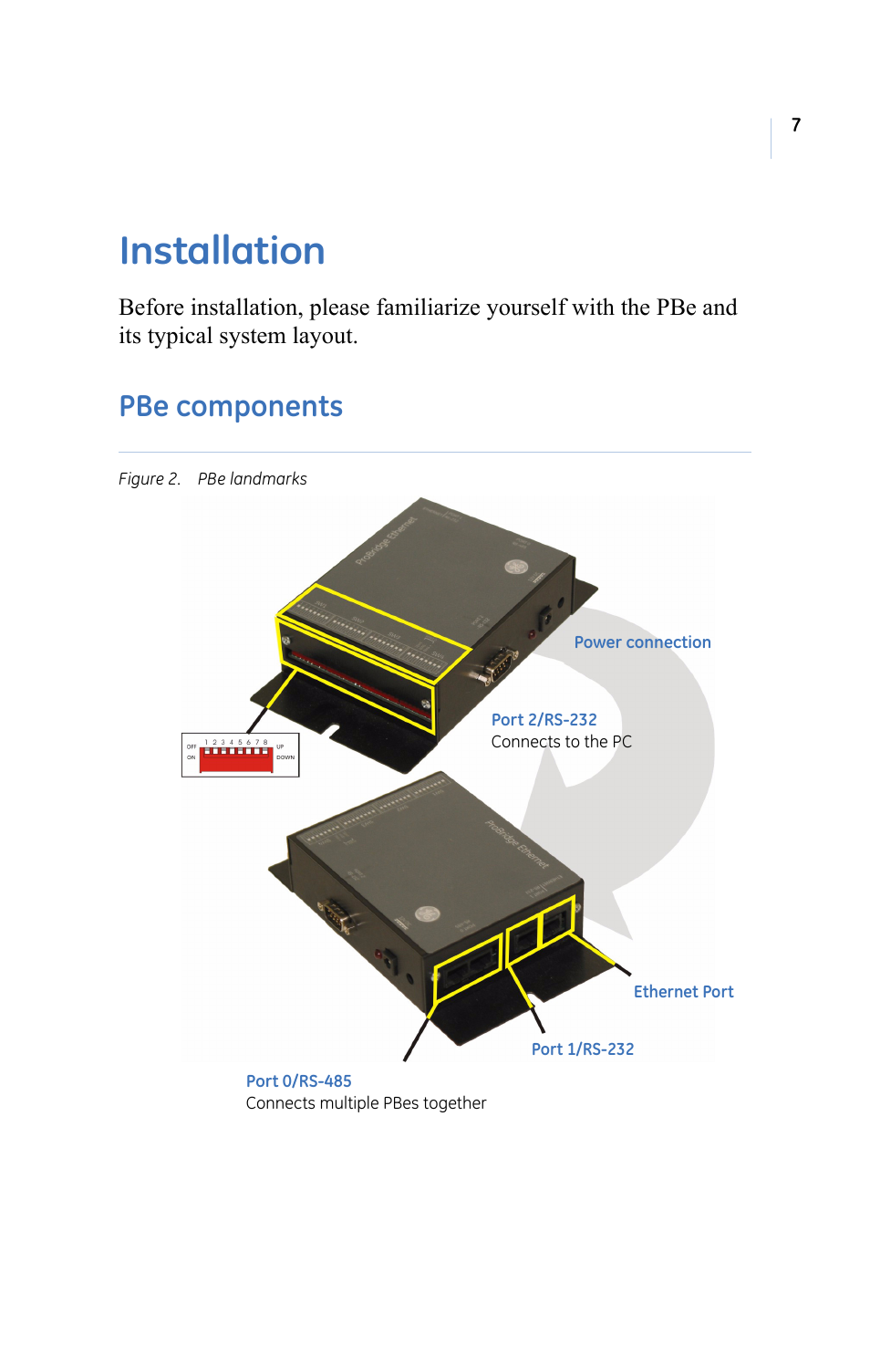 Installation, Pbe components, Figure 2. pbe landmarks | GE ProBridge PBe User Manual | Page 11 / 34