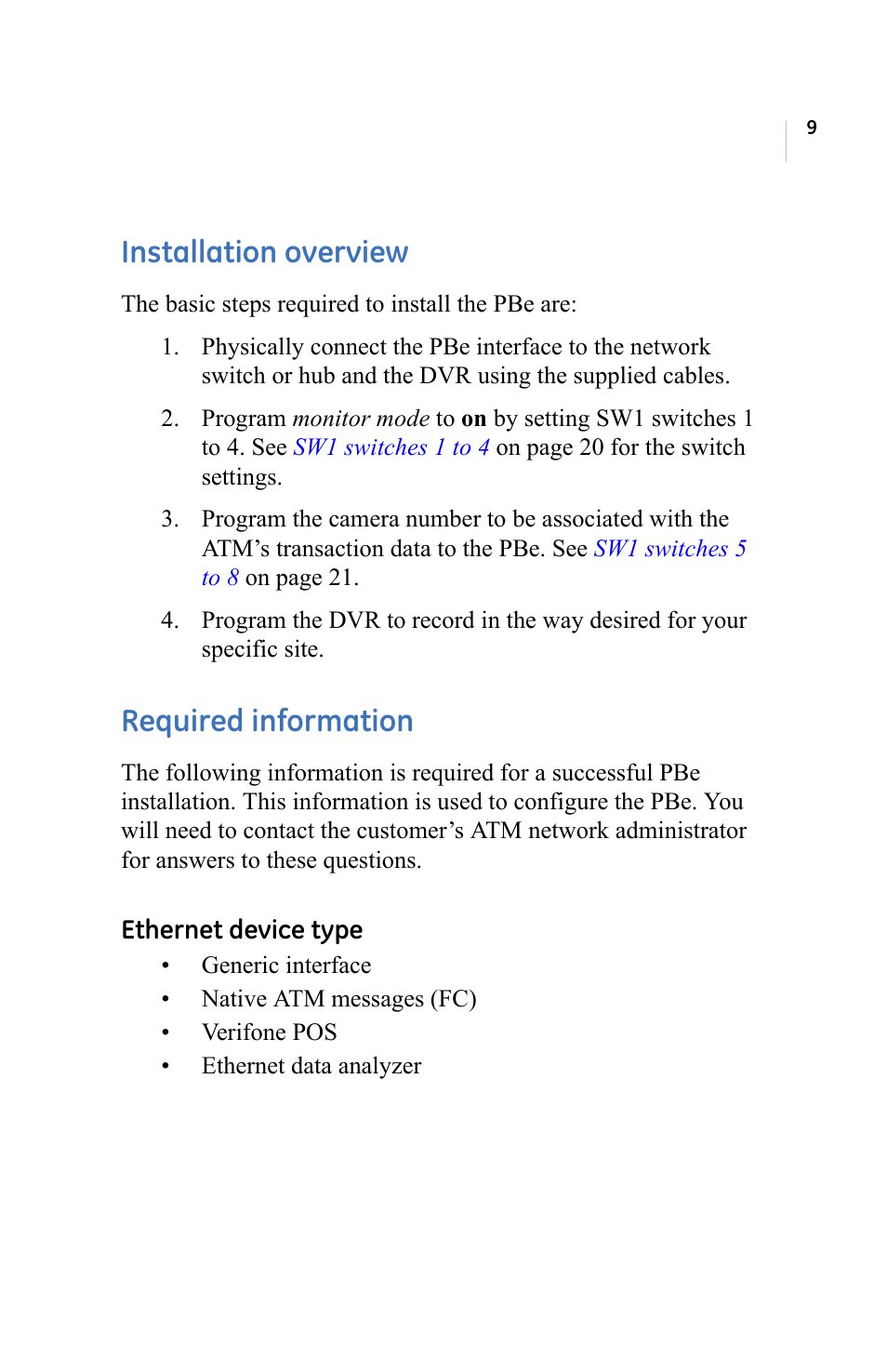 Installation overview, Required information, Installation overview required information | GE ProBridge PBe User Manual | Page 13 / 34