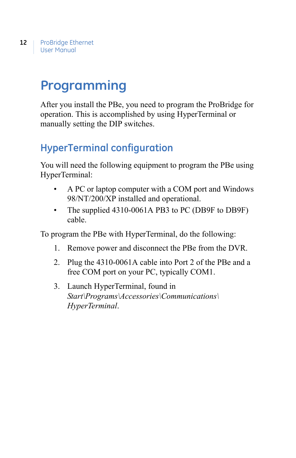 Programming, Hyperterminal configuration | GE ProBridge PBe User Manual | Page 16 / 34