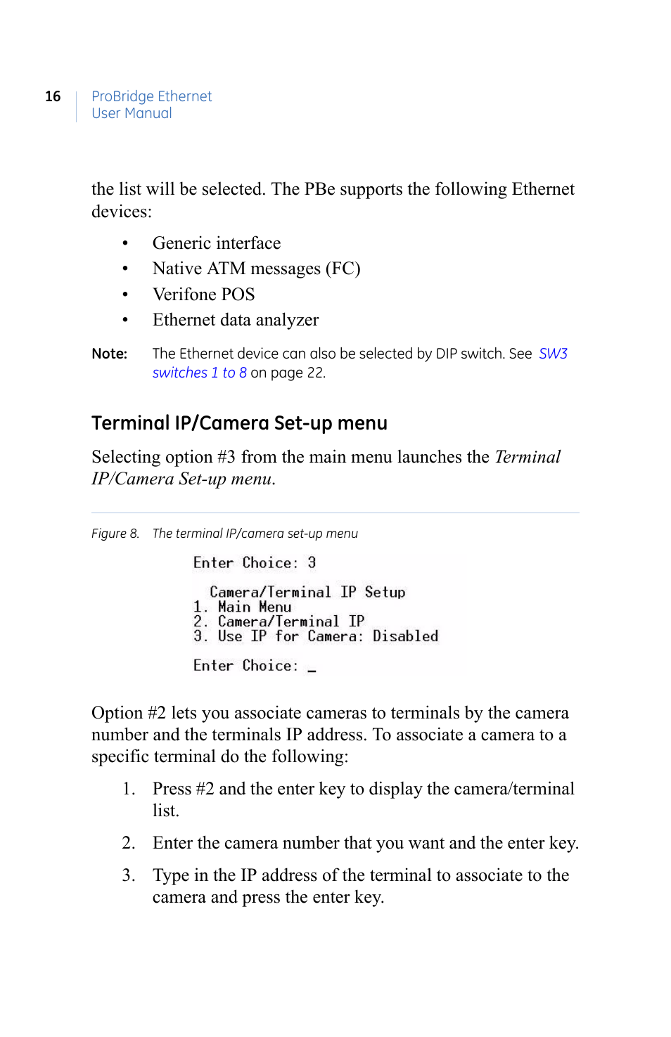 Figure 8. the terminal ip/camera set-up menu, Terminal ip/camera set-up menu | GE ProBridge PBe User Manual | Page 20 / 34