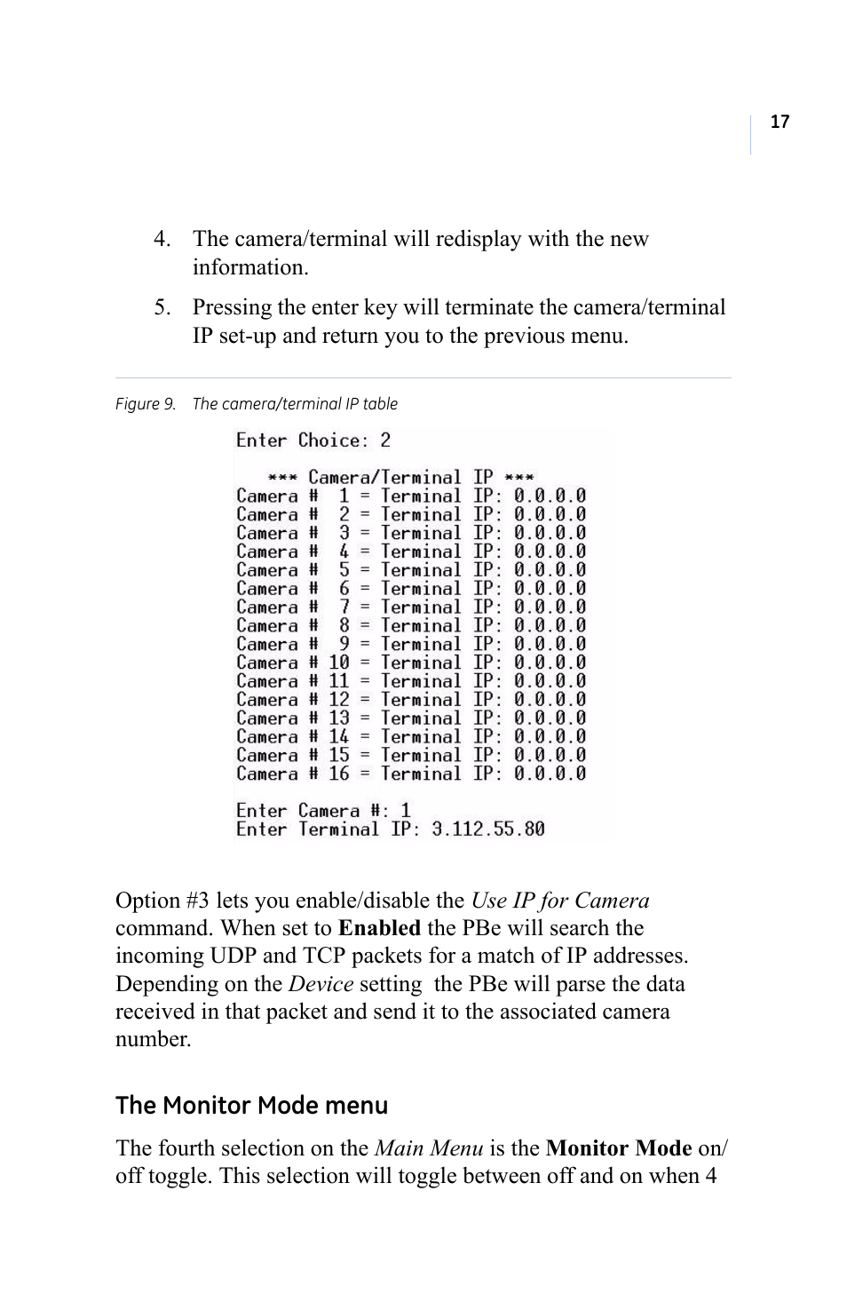 Figure 9. the camera/terminal ip table, The monitor mode menu | GE ProBridge PBe User Manual | Page 21 / 34