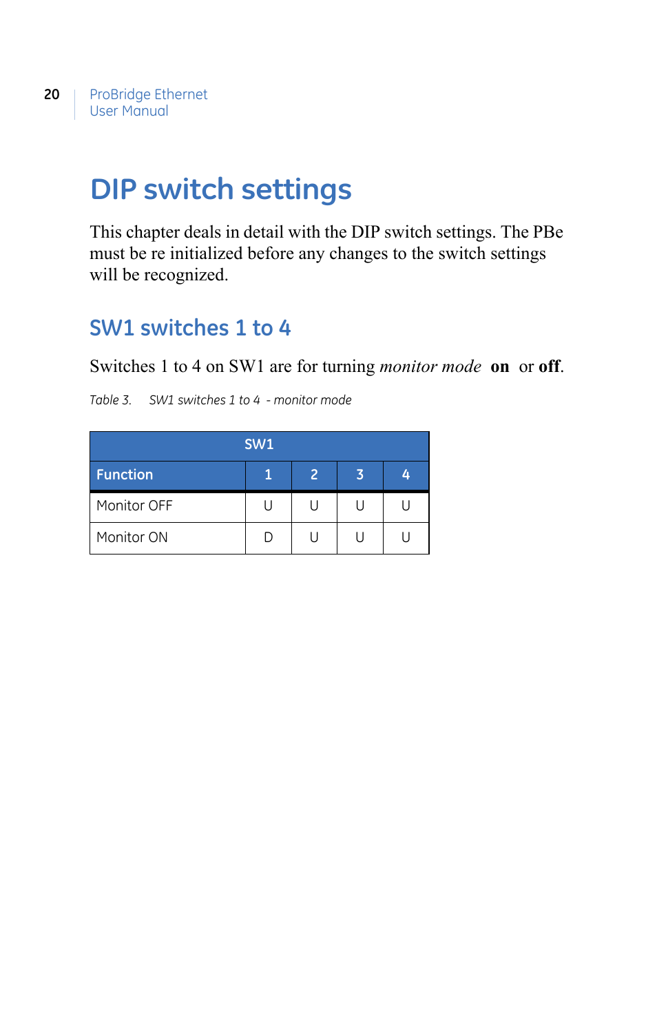 Dip switch settings, Sw1 switches 1 to 4, Table 3. sw1 switches 1 to 4 - monitor mode | To 4. see, Dip switch, Settings, Per the tables in | GE ProBridge PBe User Manual | Page 24 / 34