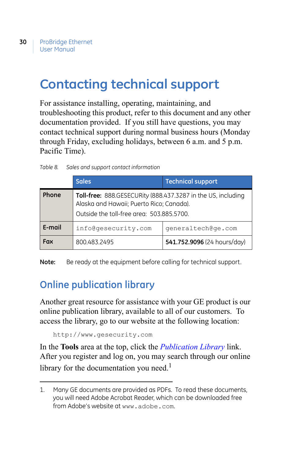 Contacting technical support, Table 8. sales and support contact information, Online publication library | GE ProBridge PBe User Manual | Page 34 / 34