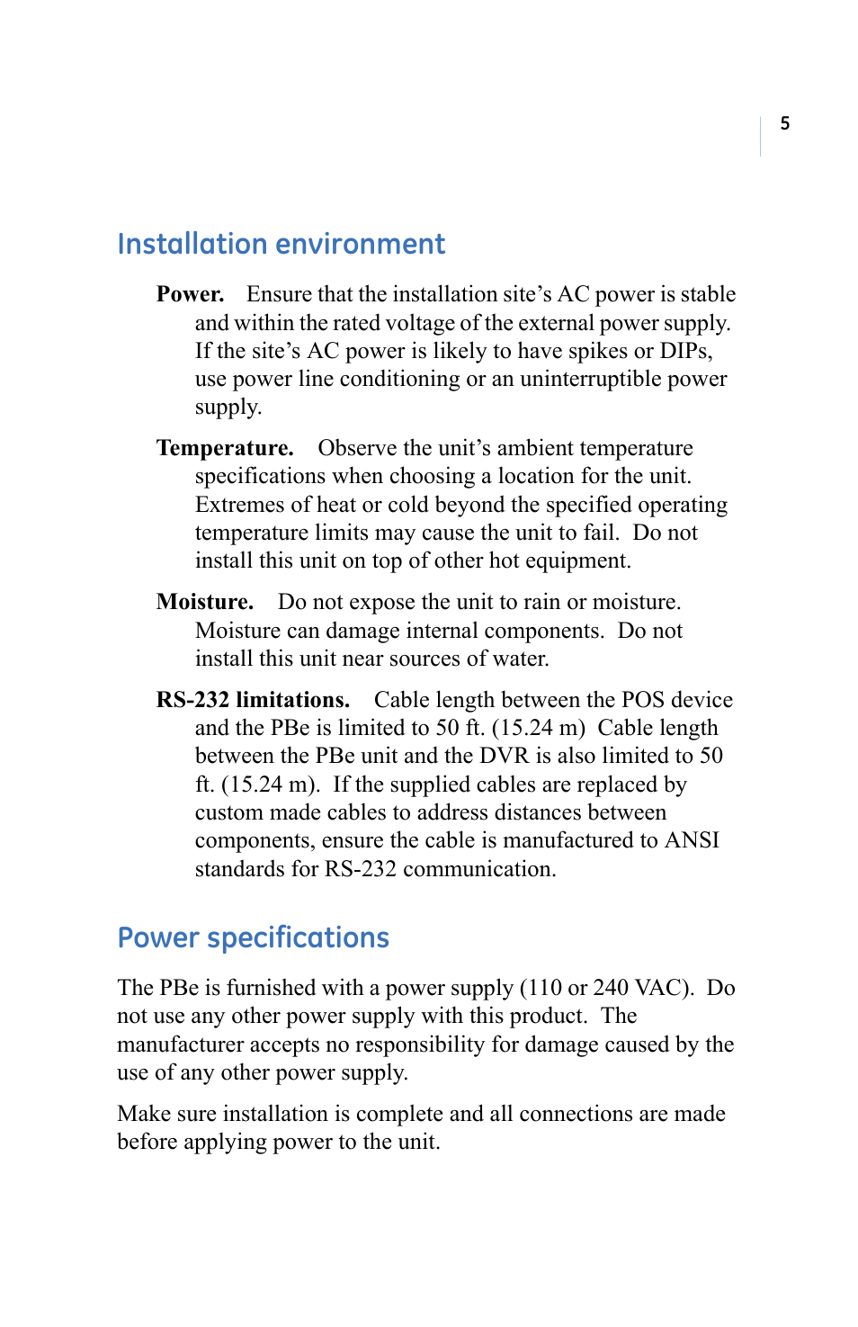 Installation environment, Power specifications, Installation environment power specifications | GE ProBridge PBe User Manual | Page 9 / 34