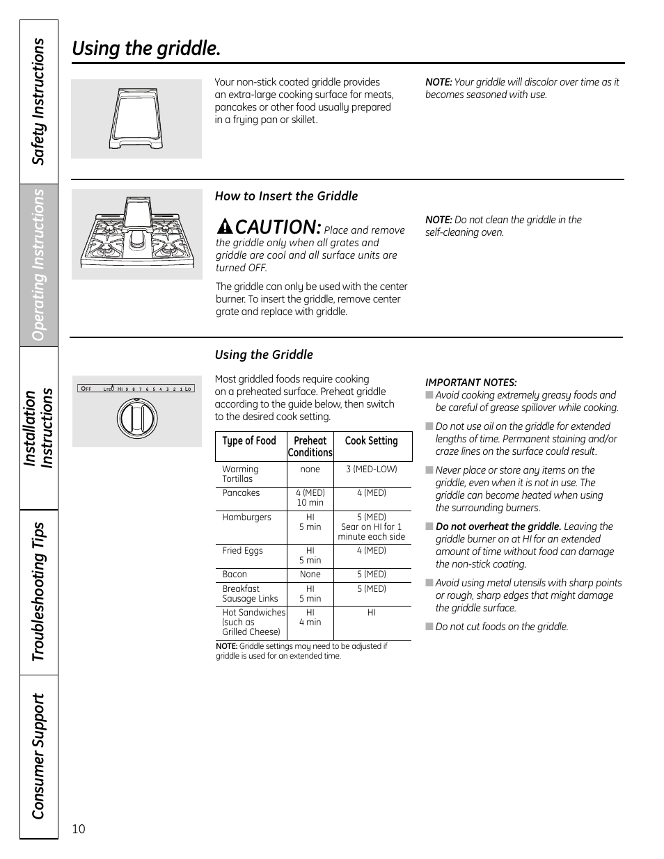 Griddle, Using the griddle. caution | GE C2S980 User Manual | Page 10 / 64