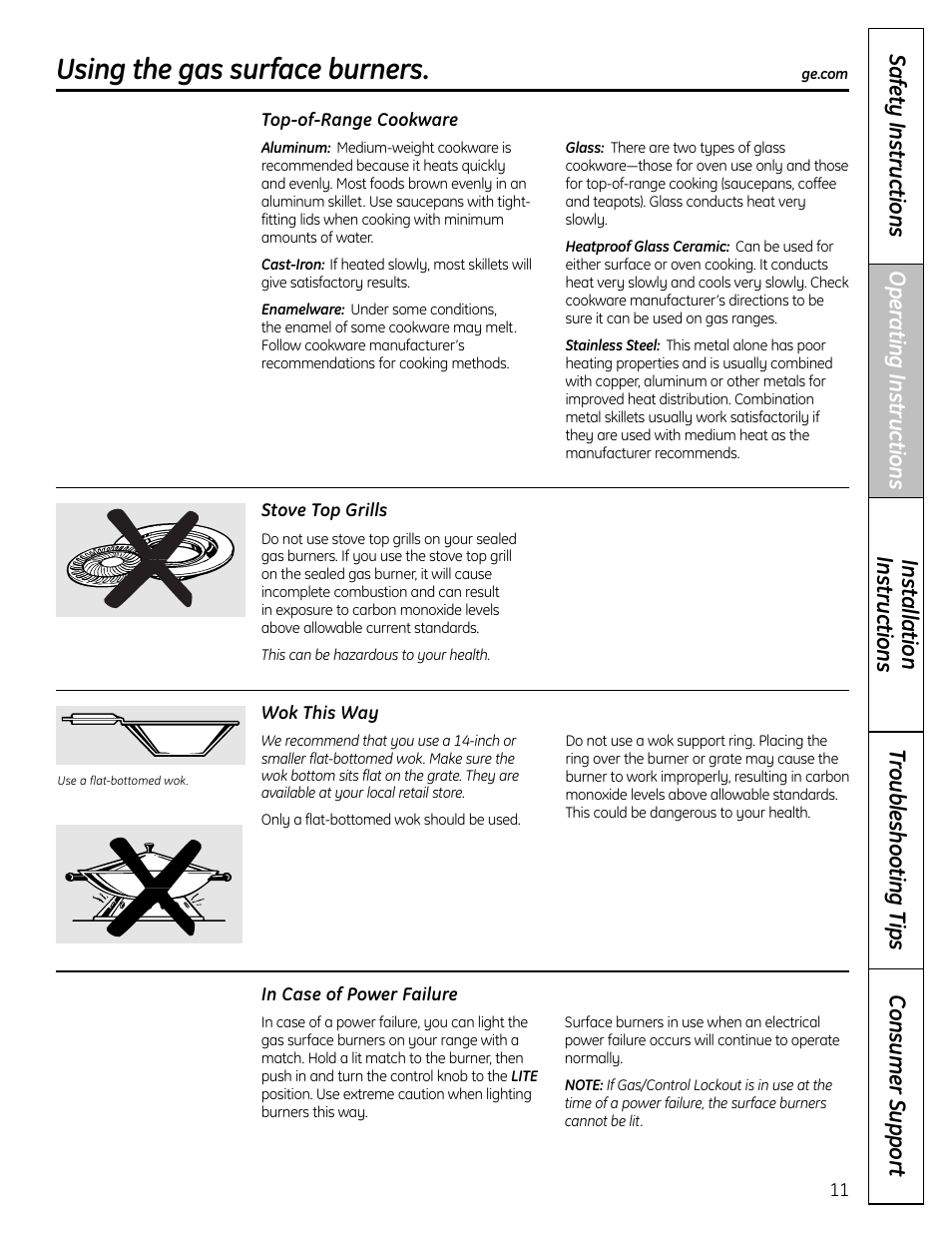 Using the gas surface burners | GE C2S980 User Manual | Page 11 / 64