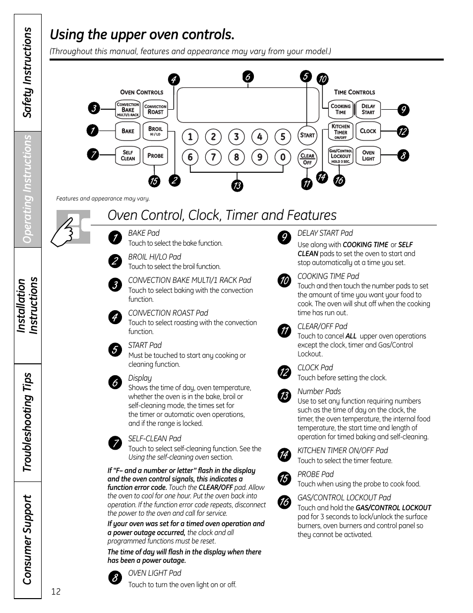 Upper oven, Oven controls, Upper oven –27 | Using the upper oven controls, Oven control, clock, timer and features | GE C2S980 User Manual | Page 12 / 64