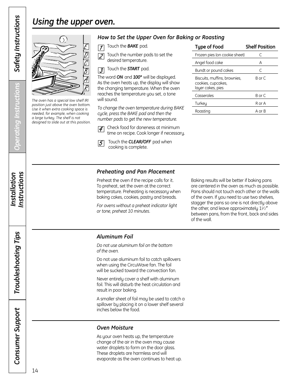 Aluminum foil, Baking or roasting, Preheating | Aluminum foil baking or roasting, Using the upper oven | GE C2S980 User Manual | Page 14 / 64