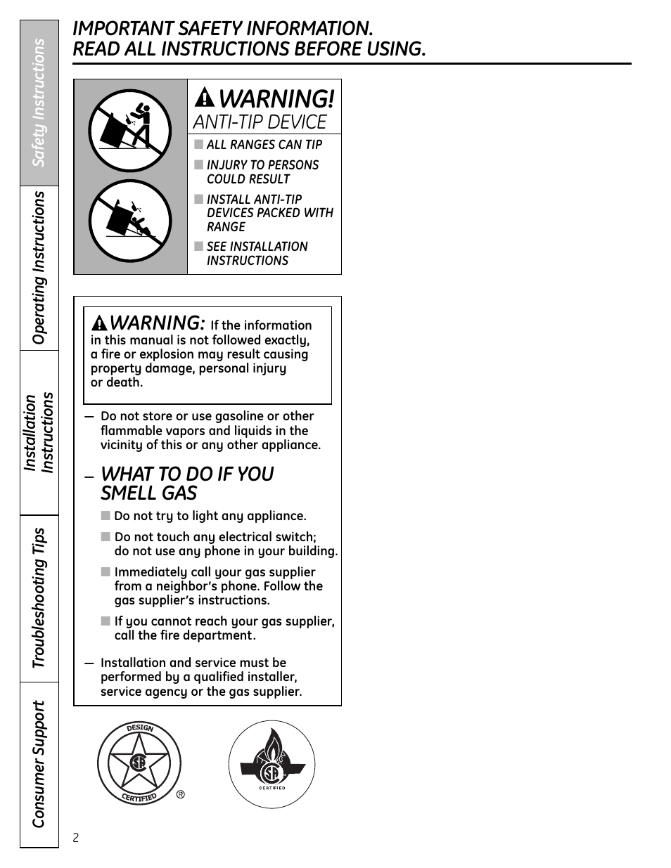 Safety instructions, What to do if you smell gas, Warning | Anti-tip device | GE C2S980 User Manual | Page 2 / 64