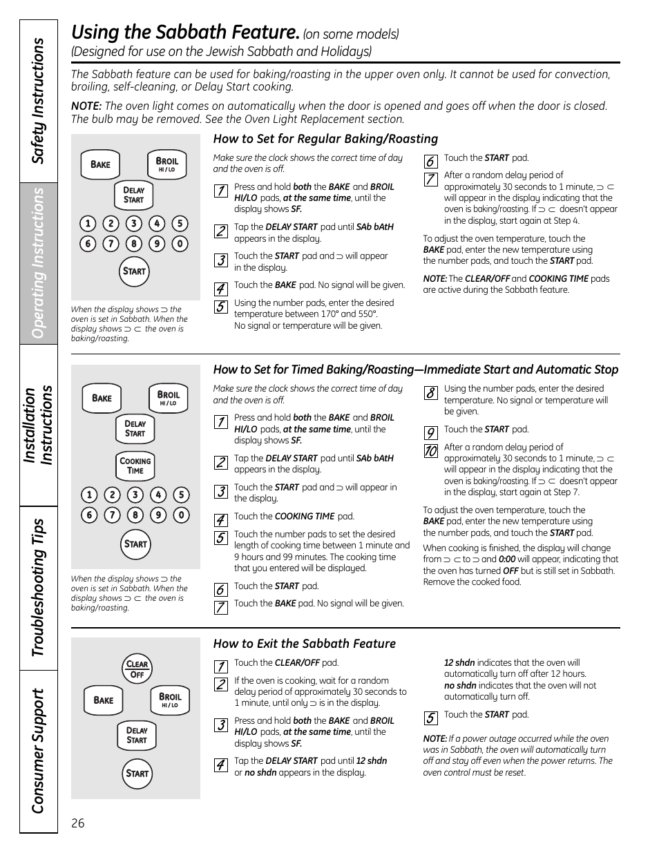 Sabbath feature, Using the sabbath feature | GE C2S980 User Manual | Page 26 / 64