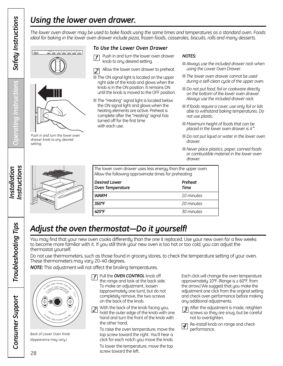 Lower oven drawer, Using the lower oven drawer, Adjust the oven thermostat—do it yourself | GE C2S980 User Manual | Page 28 / 64