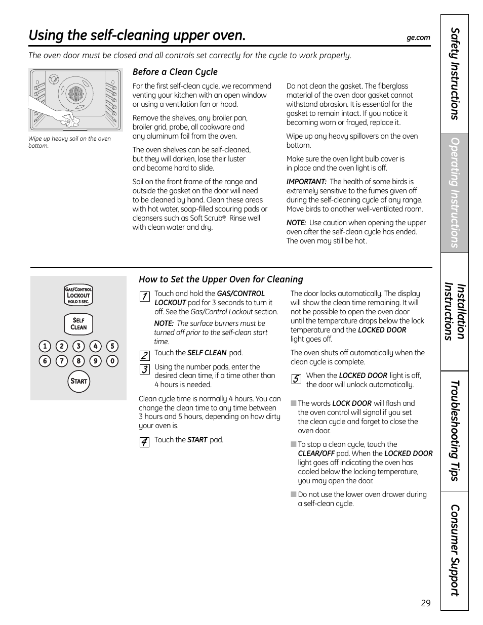 Self-cleaning, Self-cleaning , 30, Using the self-cleaning upper oven | GE C2S980 User Manual | Page 29 / 64