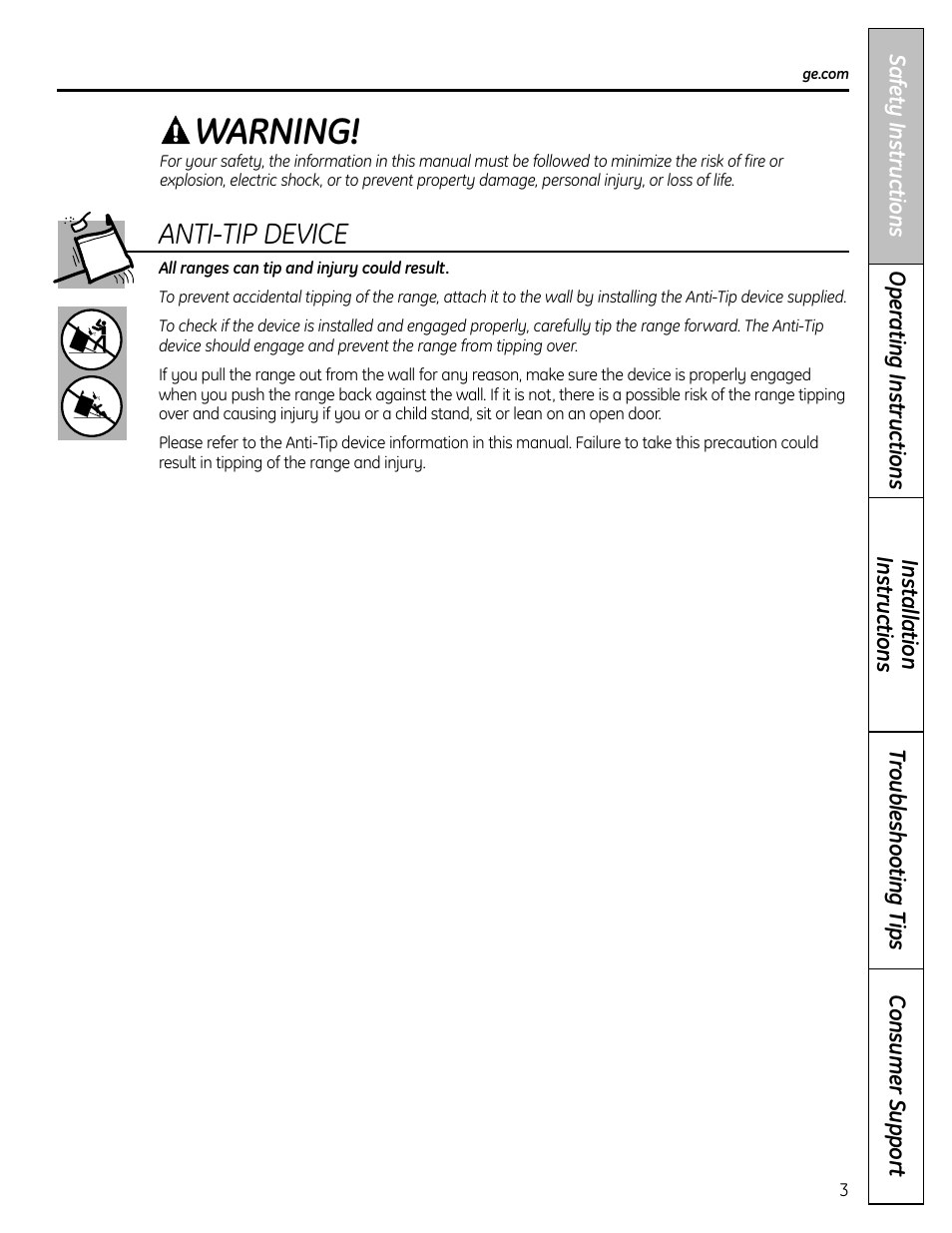 Warning, Anti-tip device | GE C2S980 User Manual | Page 3 / 64