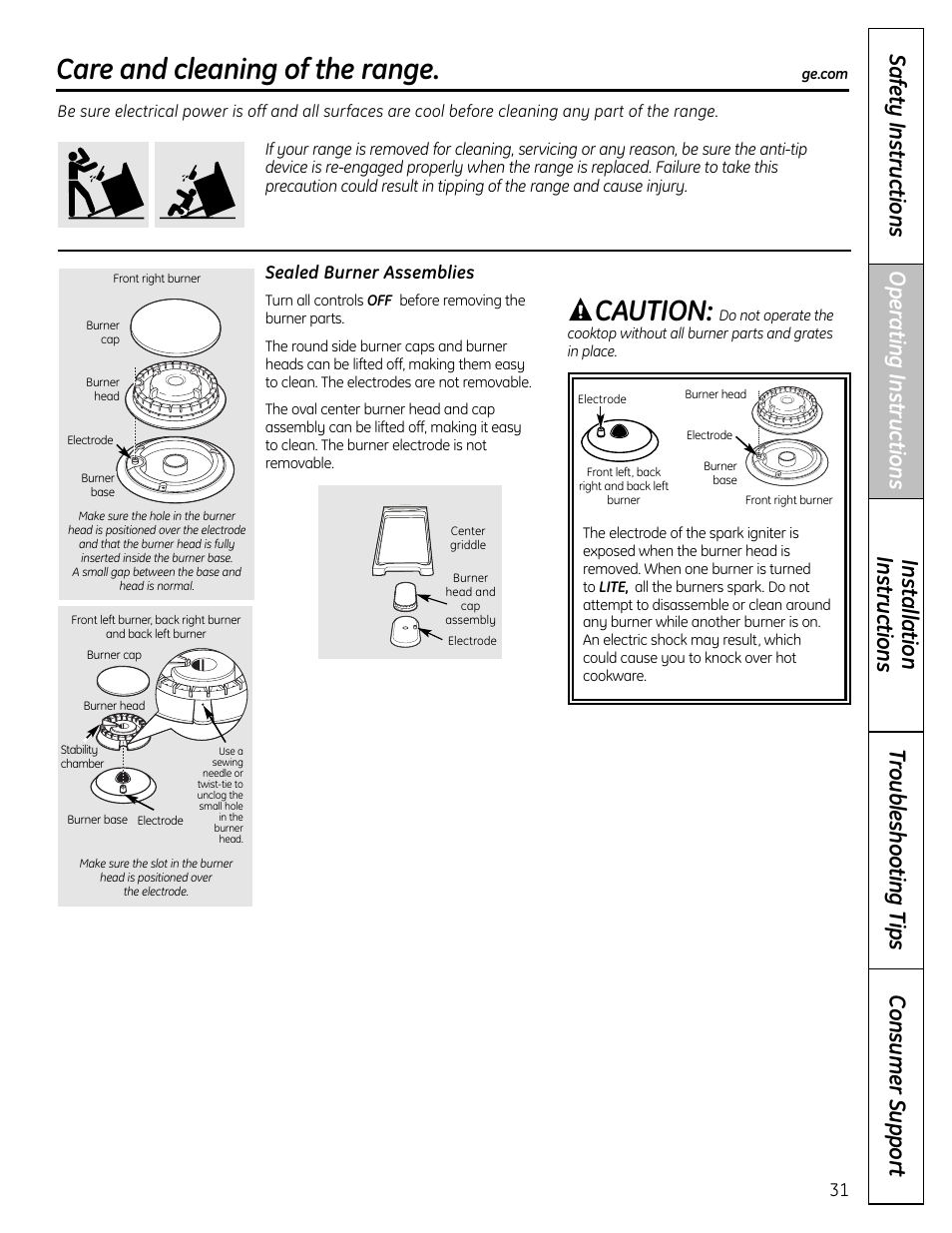 Sealed burner assemblies, Care and cleaning of the range, Caution | GE C2S980 User Manual | Page 31 / 64