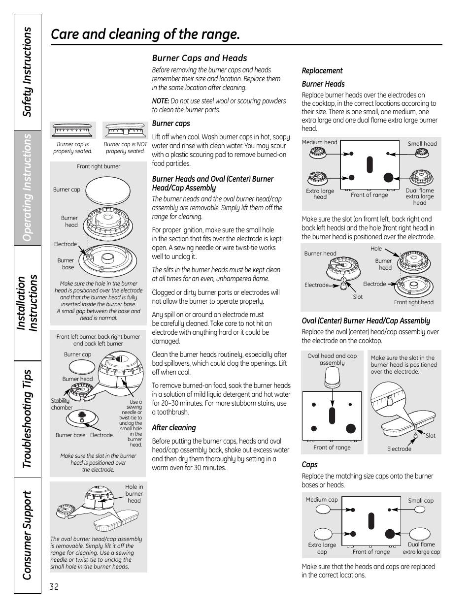 Burner caps and heads, Care and cleaning of the range | GE C2S980 User Manual | Page 32 / 64