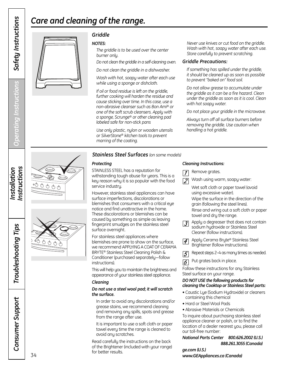 Griddle, Stainless steel surfaces, Care and cleaning of the range | GE C2S980 User Manual | Page 34 / 64