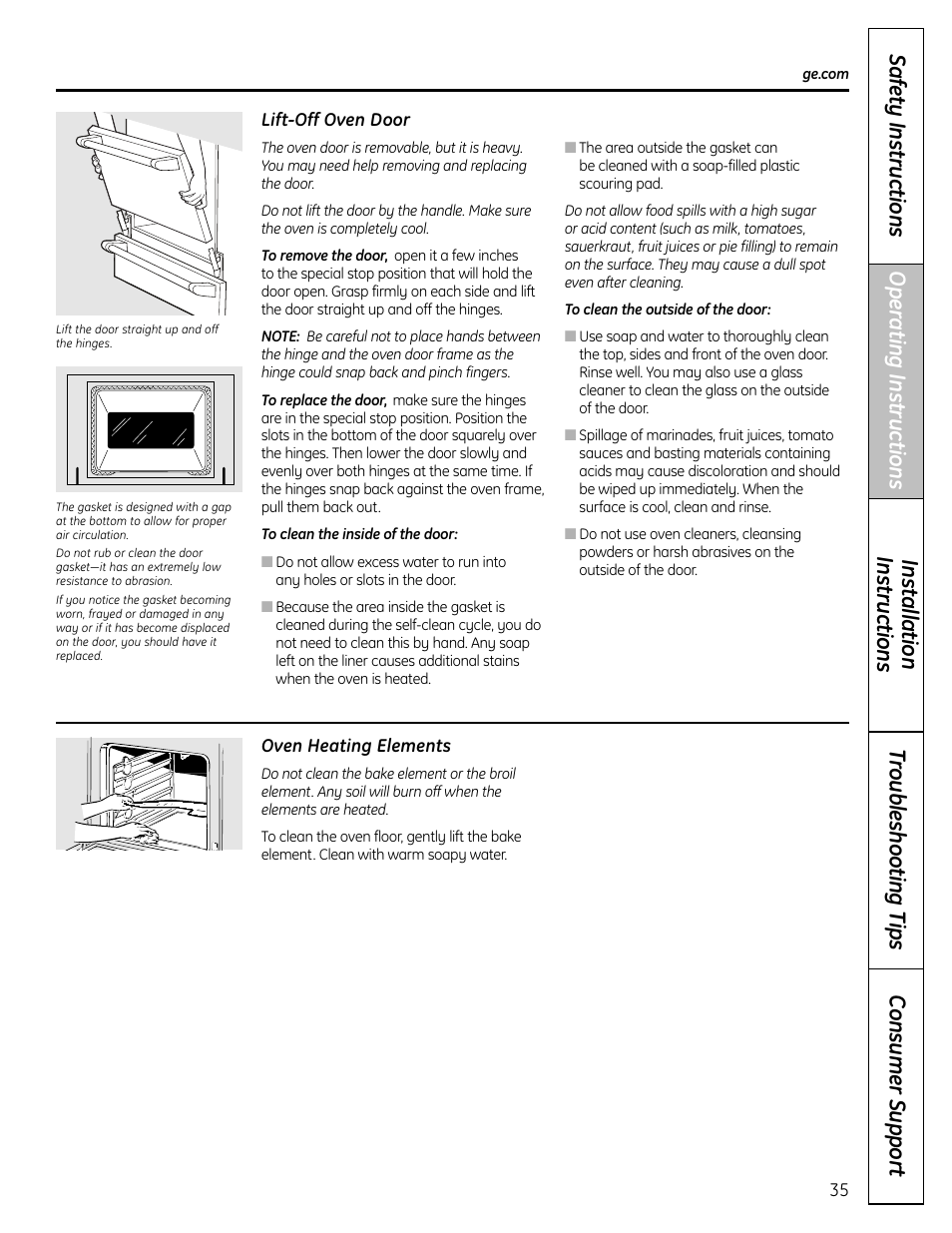 Lift-off oven door, Oven heating elements | GE C2S980 User Manual | Page 35 / 64