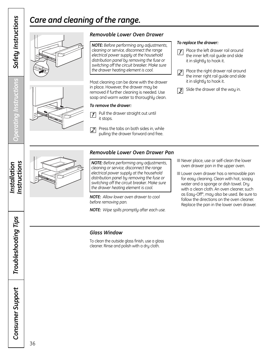 Lower oven drawer, Care and cleaning of the range | GE C2S980 User Manual | Page 36 / 64