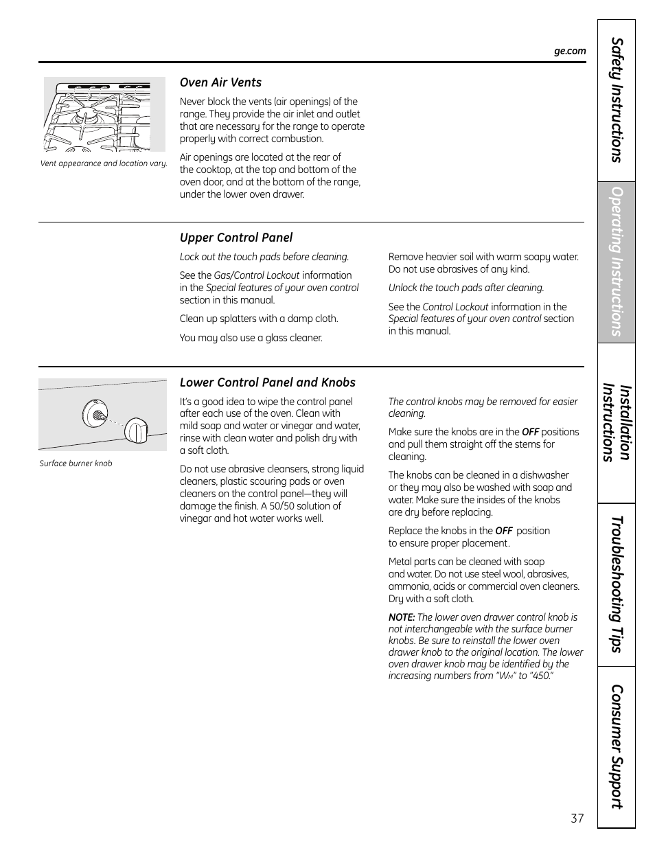 Control panel and knobs, Oven air vents | GE C2S980 User Manual | Page 37 / 64