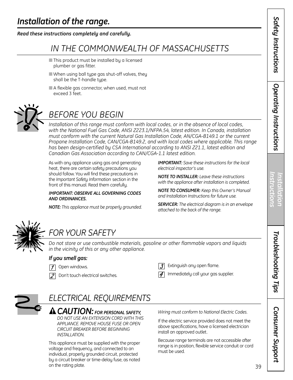 Installation instructions, Safety instructions, Safety instructions , 40 | Installation of the range. before you begin, For your safety, Caution, Electrical requirements | GE C2S980 User Manual | Page 39 / 64