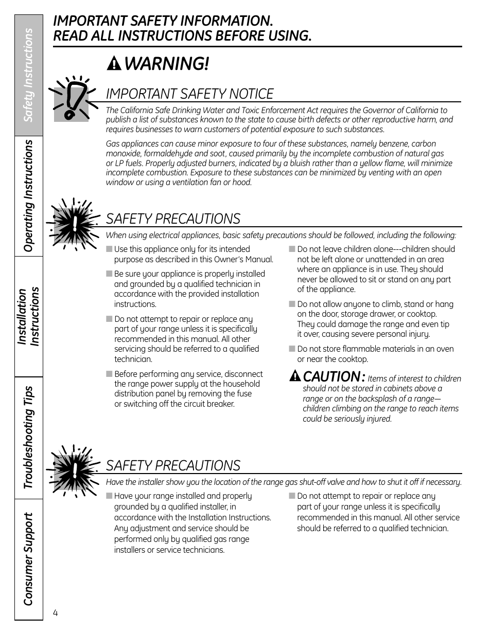 Warning, Safety precautions important safety notice, Caution | Safety precautions | GE C2S980 User Manual | Page 4 / 64