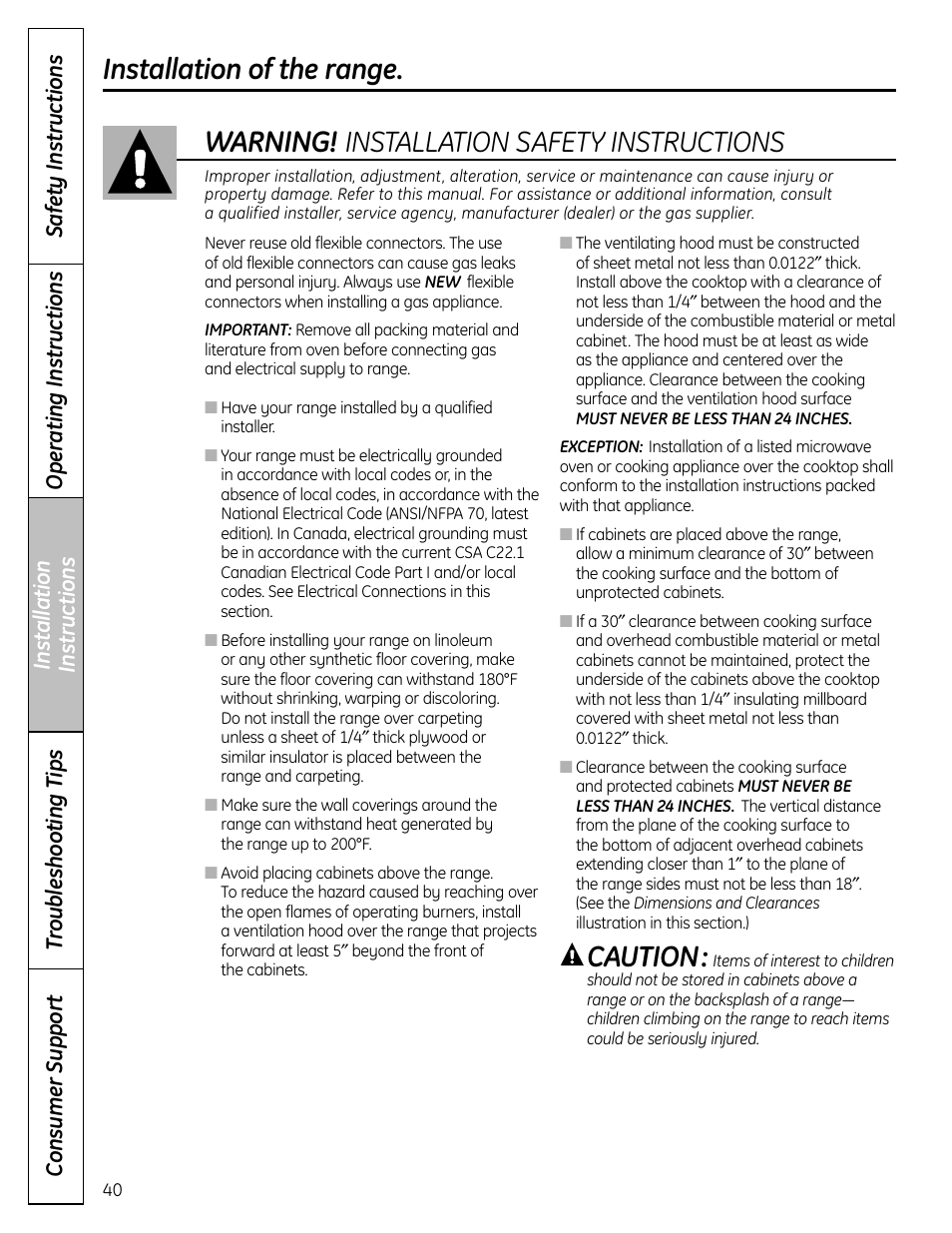 Warning, Installation of the range, Installation safety instructions | Caution | GE C2S980 User Manual | Page 40 / 64