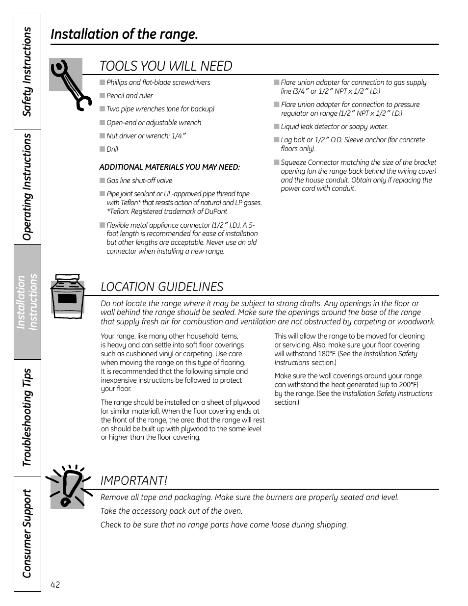 Location guidelines, Installation of the range, Tools you will need | Important | GE C2S980 User Manual | Page 42 / 64