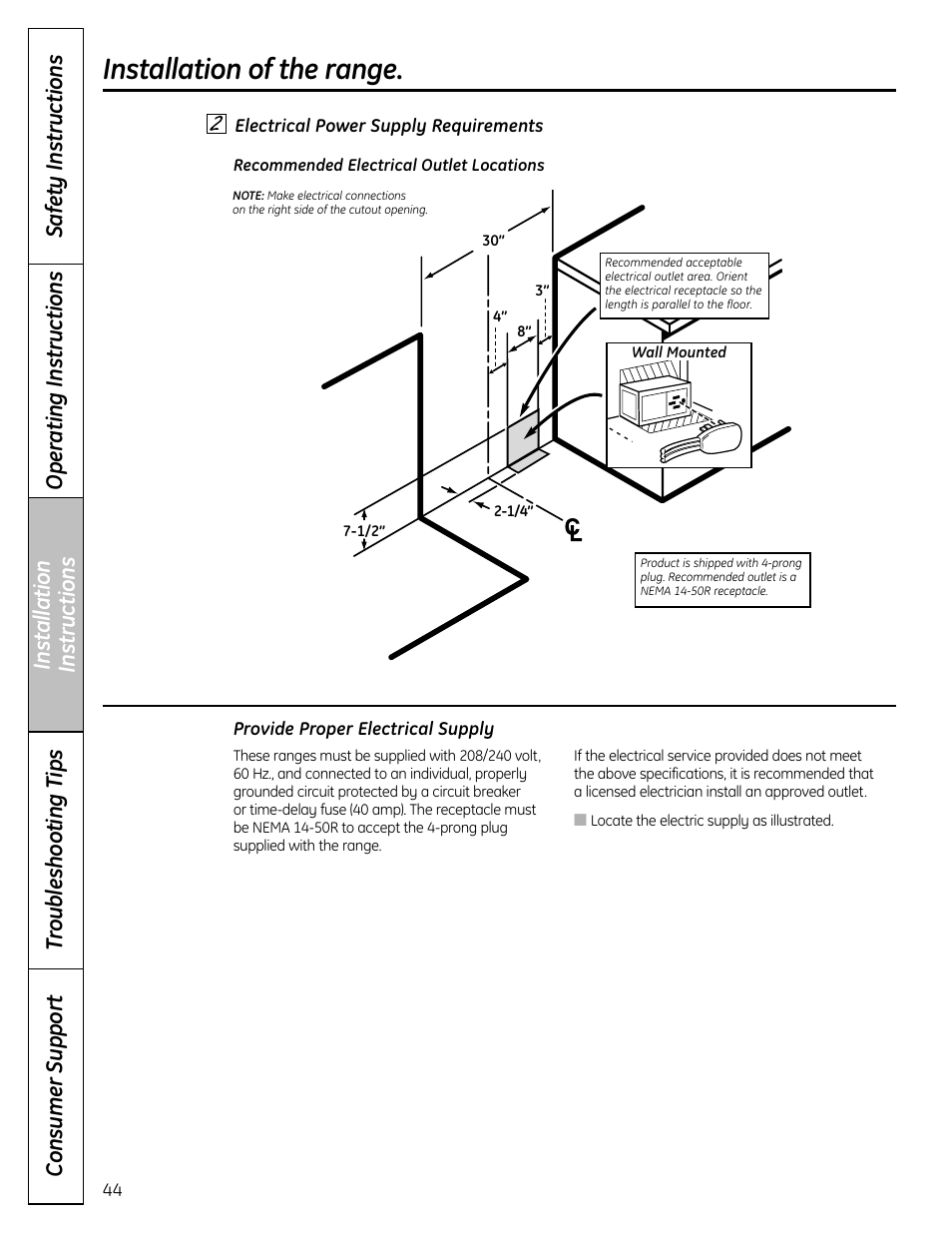 Connect range to electric, Connect range to electric , 46, Installation of the range | GE C2S980 User Manual | Page 44 / 64