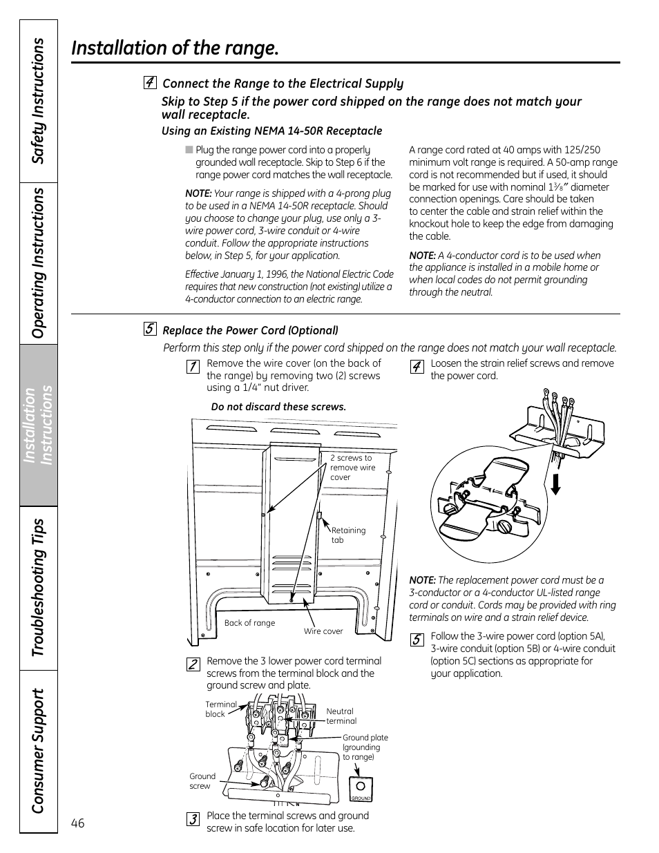 Installation of the range | GE C2S980 User Manual | Page 46 / 64