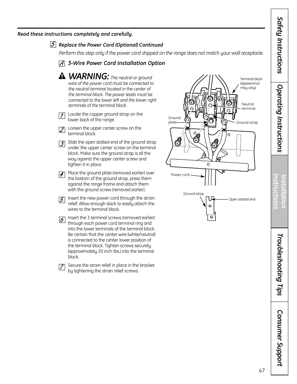 Electrical connections, Electrical connections –49, Warning | GE C2S980 User Manual | Page 47 / 64