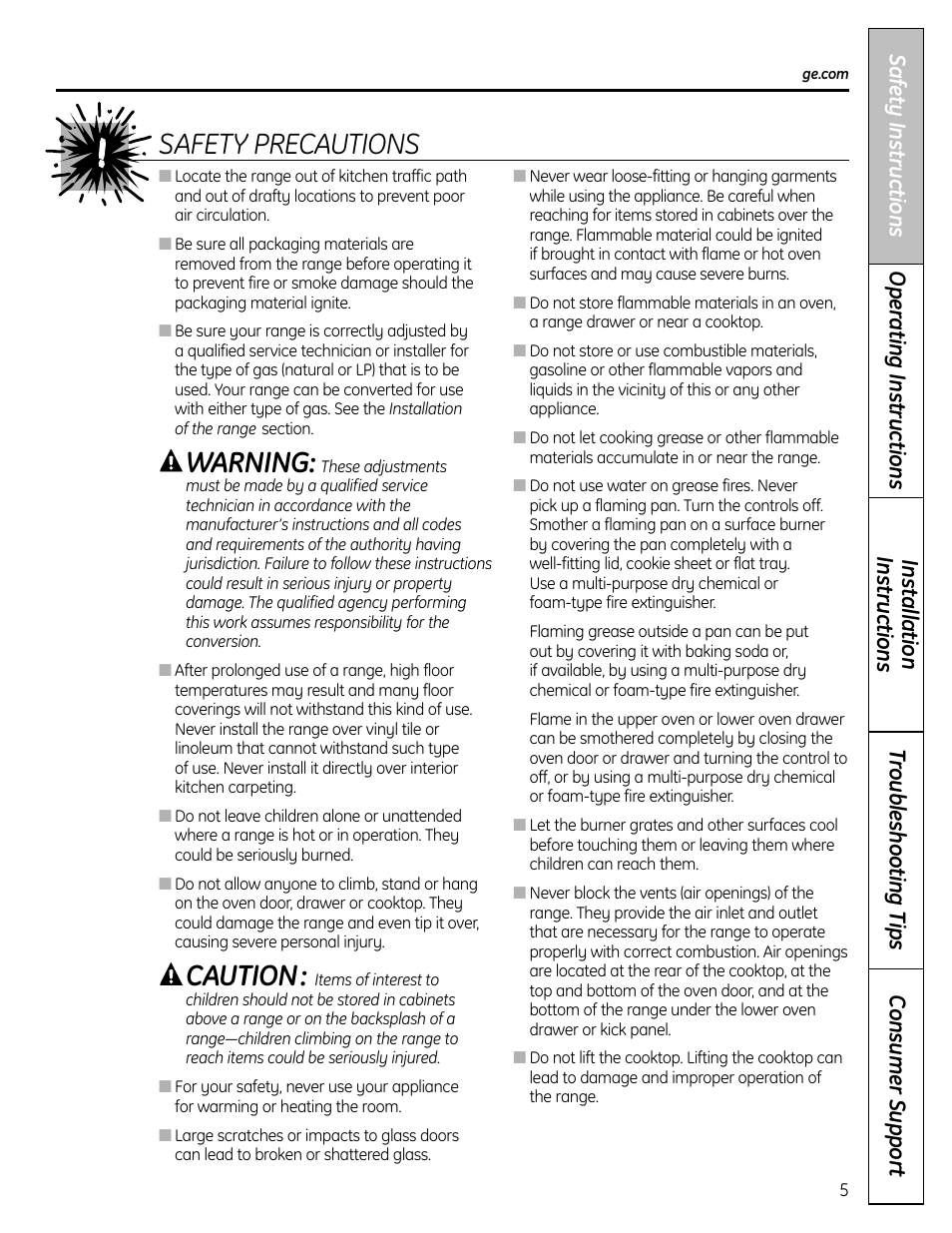 Warning, Caution, Safety precautions | GE C2S980 User Manual | Page 5 / 64