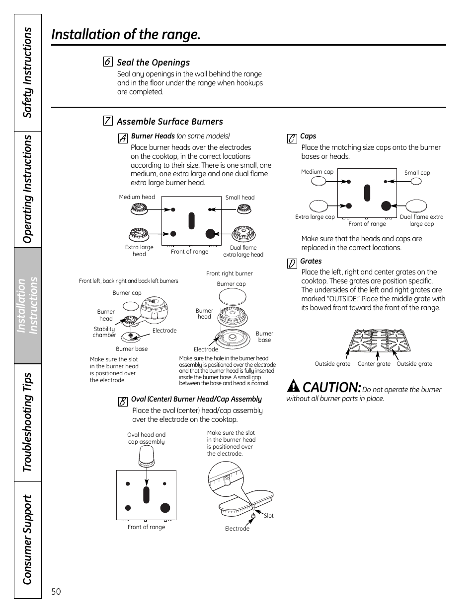 Caution, Installation of the range | GE C2S980 User Manual | Page 50 / 64